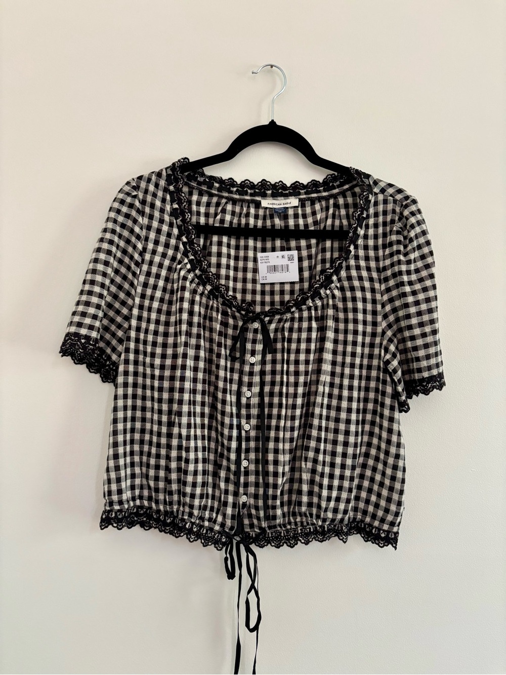 Gingham Cropped Blouse Lace Trim